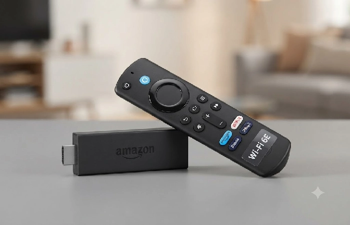 Fire TV Stick 4K Max remote with Wi-Fi 6E label