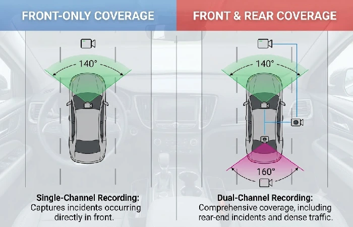 Front and rear dash cam coverage diagram, single vs dual channel