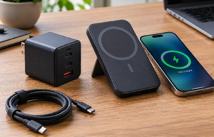 GaN multi-port charger next to a Qi2 magnetic power bank for smartphones