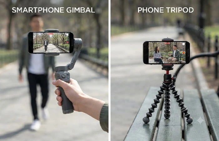 Smartphone gimbal next to phone tripod showing different use cases