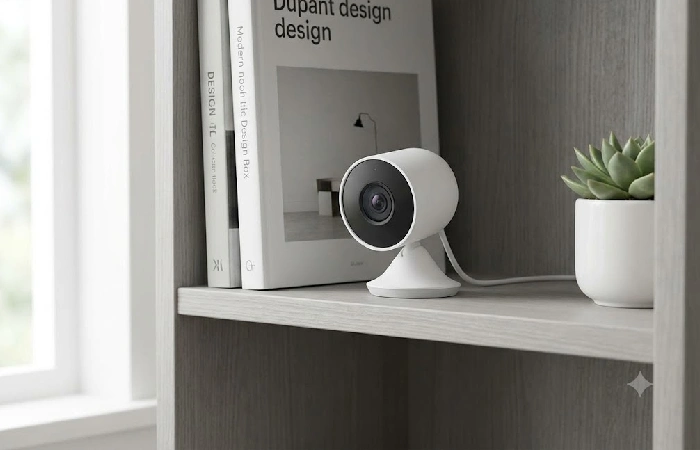 Google Nest Cam wired indoor security camera on a shelf