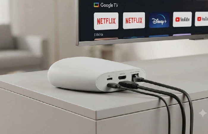 Google TV Streamer wedge showing Ethernet and HDMI ports