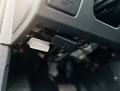 Modern GPS car tracker installed discreetly under a vehicle dashboard next to diagnostic port
