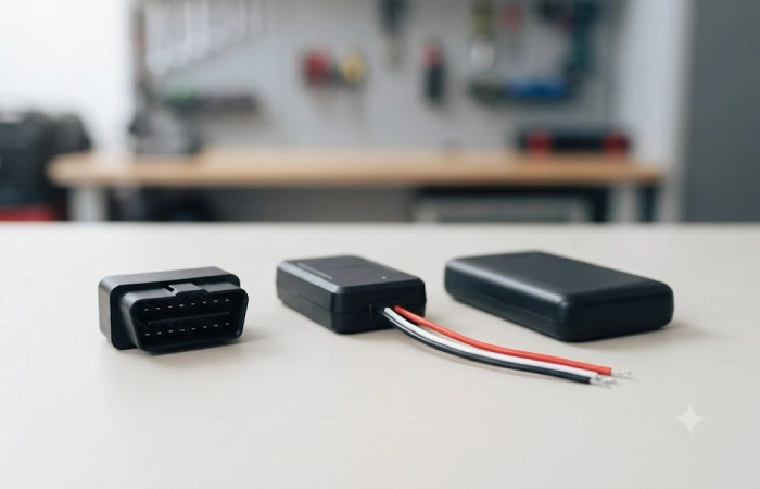 Three varieties of GPS car trackers: OBD, hardwired, and portable, side-by-side