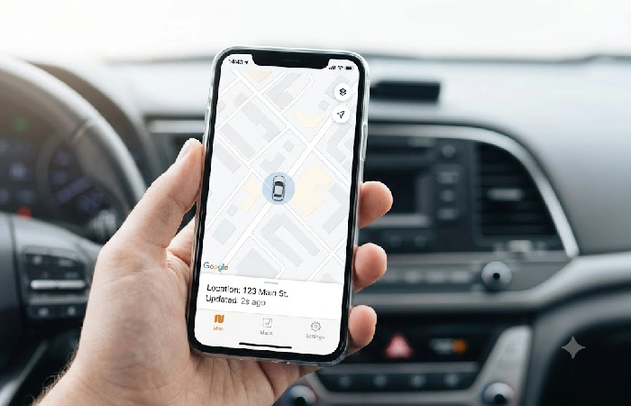 Smartphone app displaying real-time GPS car tracking data and location