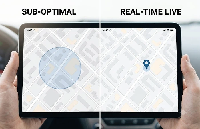Tablet screen showing app comparison: 'Crowdsourced Bluetooth' vs 'Paid Cellular Subscription' tracking