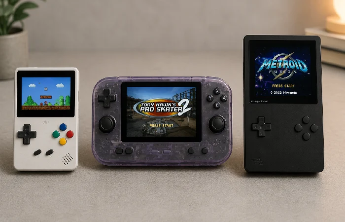 Handheld retro gaming console comparison showing Miyoo Mini Plus, Retroid Pocket 5, and Analogue Pocket side by side