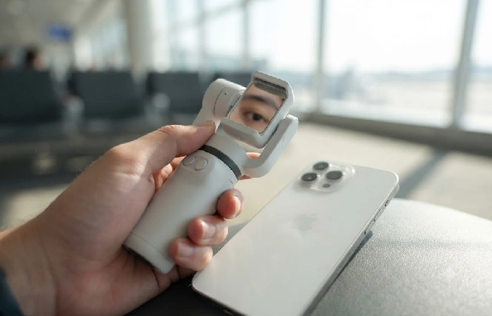 Insta360 Flow 2 Pro folded for travel with built-in selfie mirror