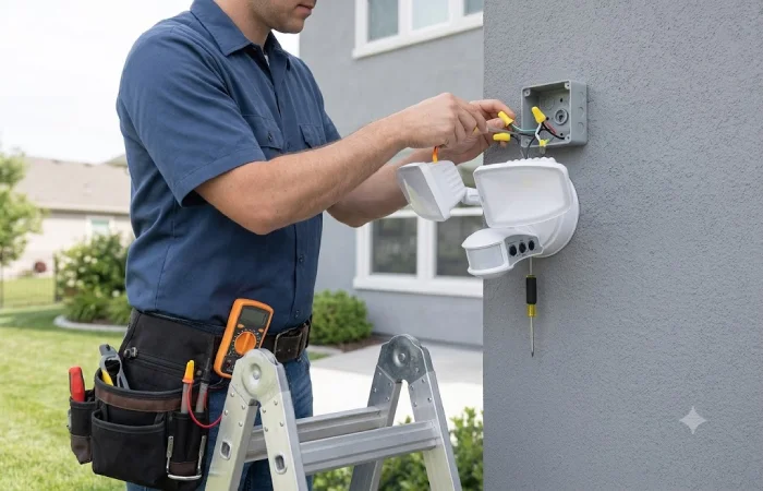 Person mounting an outdoor motion sensor light at proper height on exterior wall