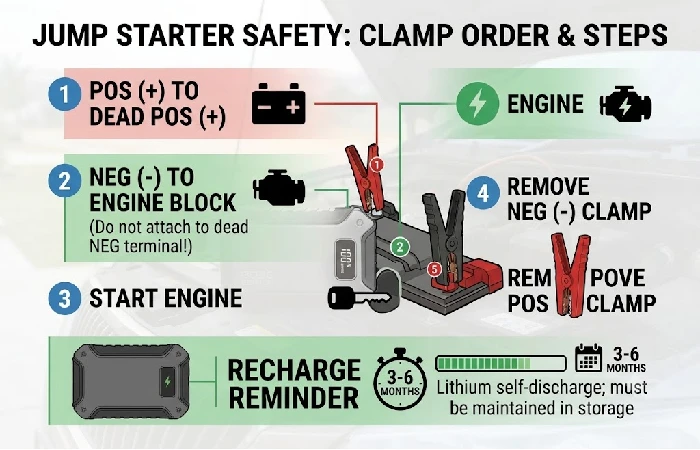 Jump starter clamp order and safety steps
