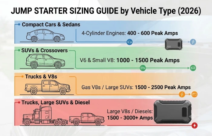 Jump starter size guide by car, SUV, and truck