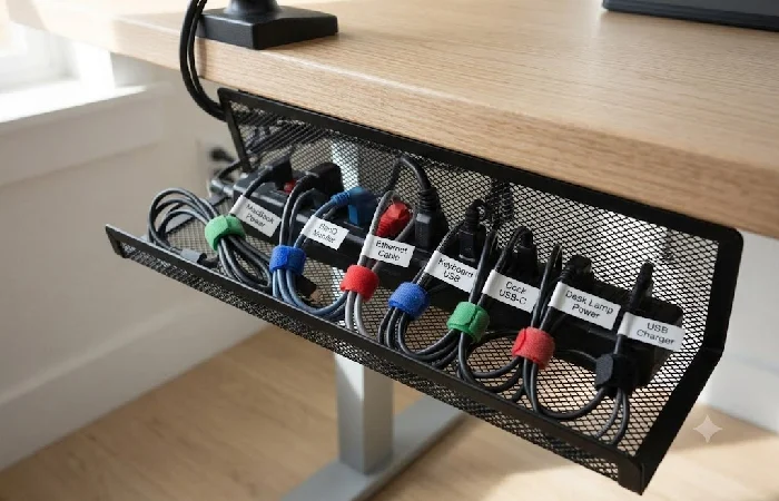 Labeled cables secured with velcro ties inside an under-desk cable tray