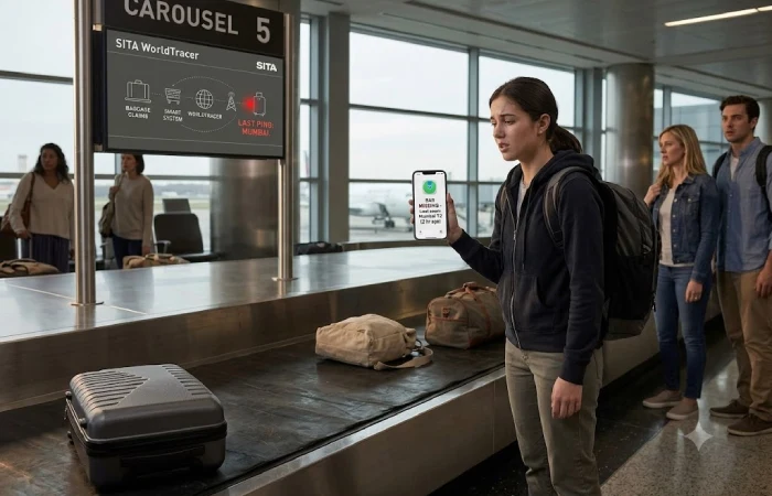 Frustrated traveler tracking a missing suitcase at an airport carousel using a mobile app.