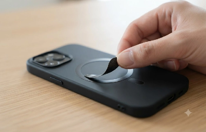Close-up view of a MagSafe ring adapter being applied to a phone case