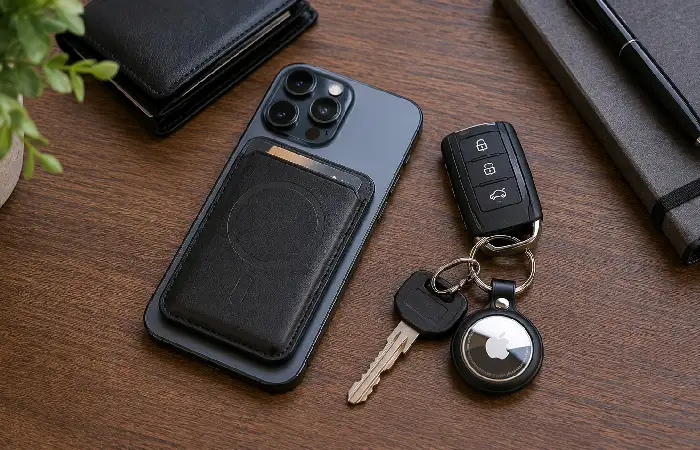 MagSafe wallet with built-in Find My tracking next to Apple AirTag on a keychain