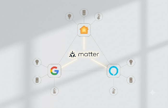 Diagram showing Matter connecting devices across Apple, Google, and Amazon platforms