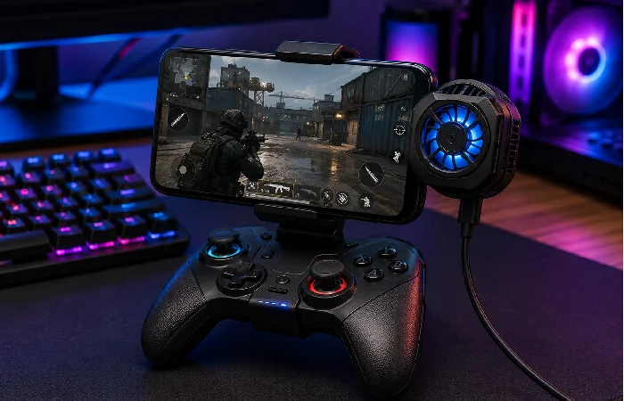 Bluetooth gaming controller with phone clip and magnetic phone cooler attached