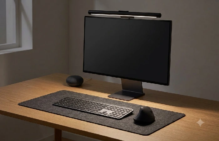 Monitor light bar illuminating desk mat surface without screen glare