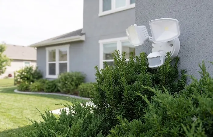 Overgrown shrubs blocking an outdoor motion sensor light creating a blind spot