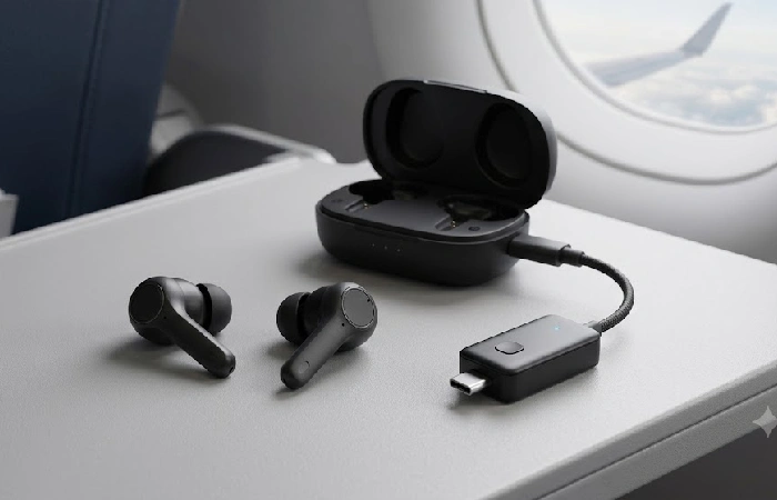 Noise-canceling earbuds and Bluetooth adapter for flights