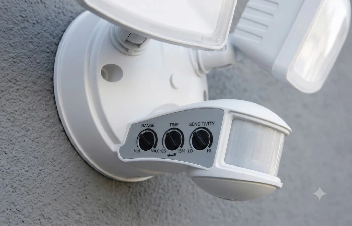 Close-up of an outdoor motion sensor light showing range and angle adjustment dials