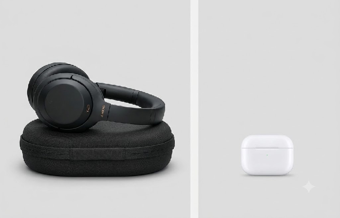 Over-ear noise cancelling headphones next to travel earbuds