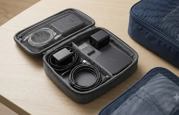 Packing cubes and tech organizer laid out in a carry-on backpack