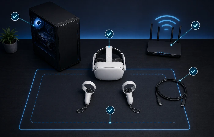 PC VR setup checklist with computer, router, cable, headset, controllers, and play space
