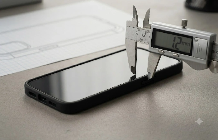 Phone case raised edge lip measurement showing screen protection gap