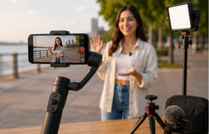 AI-powered phone gimbal stabilizing a smartphone during video recording