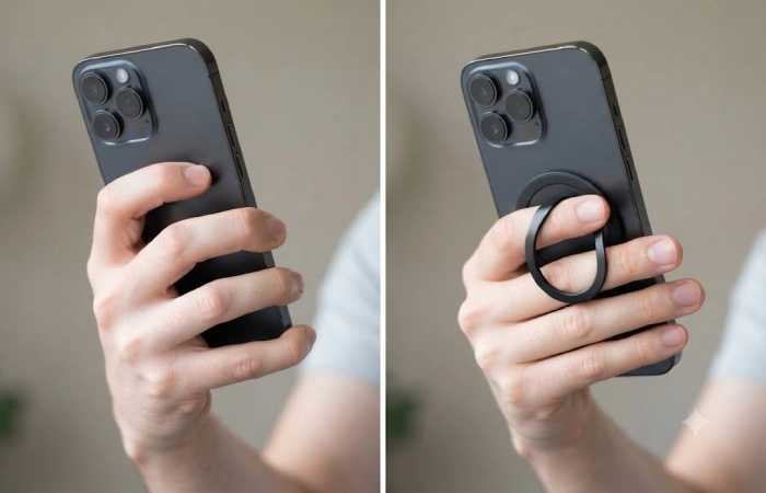 Split-frame photo showing finger strain holding a heavy smartphone versus a relaxed grip with an accessory