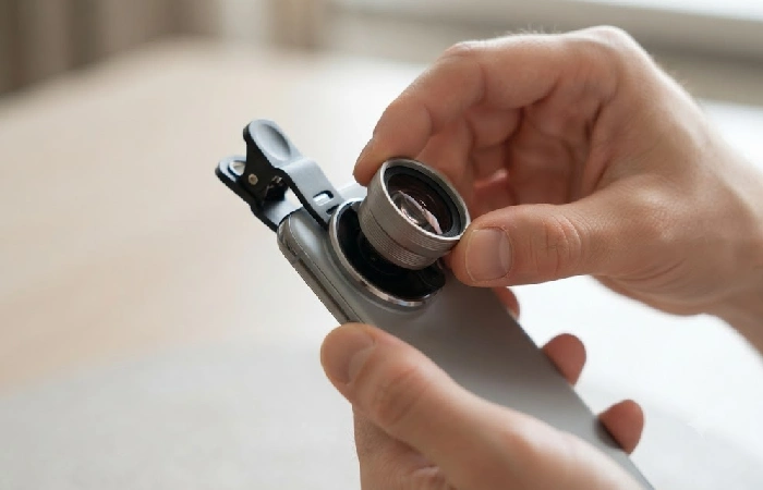 Clip-on phone camera lens attachment mounted on a smartphone camera