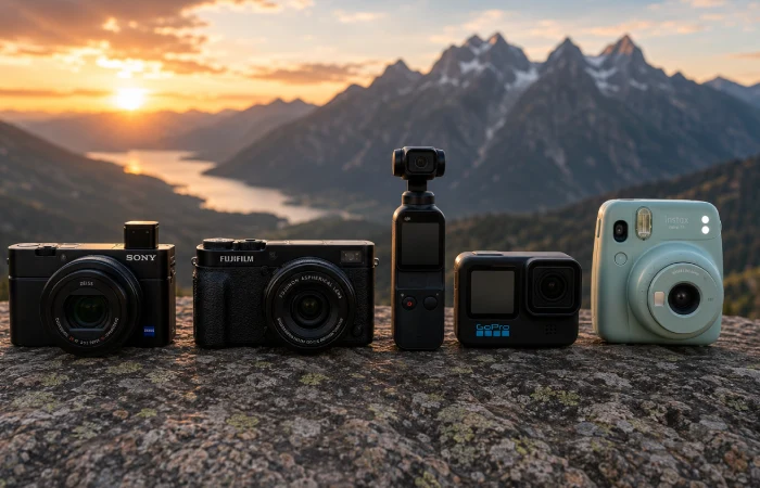 Smartphone beside a compact travel camera for travel photography comparison