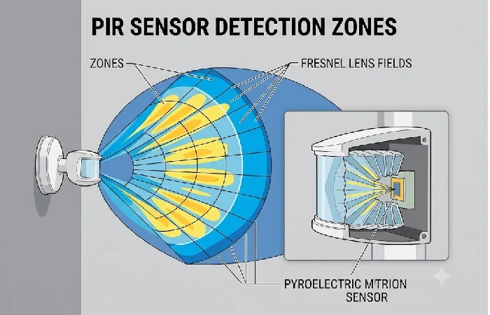 Diagram showing PIR sensor detection zones and Fresnel lens fields