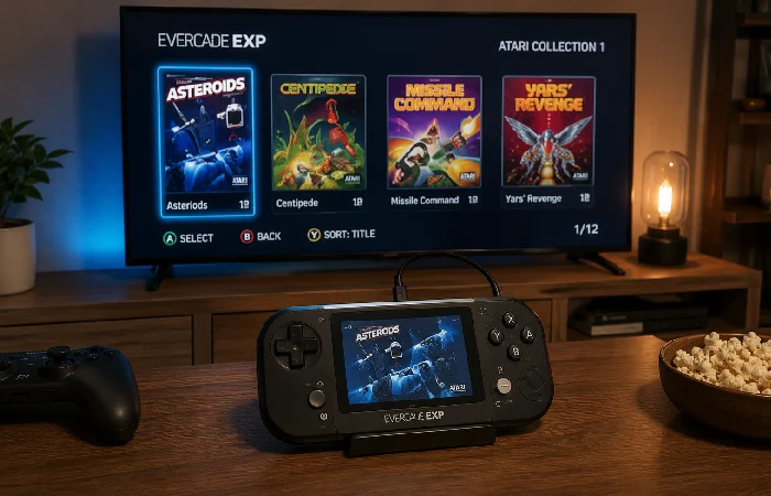 Plug and play retro console connected to TV via HDMI showing Evercade EXP next to a modern television