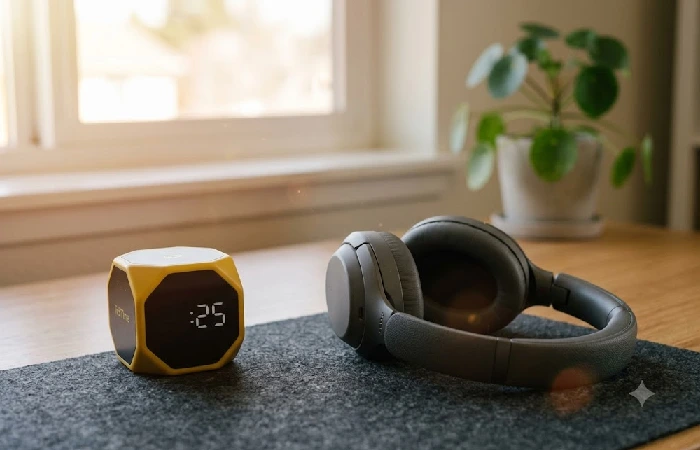 TickTime pomodoro cube timer beside noise-cancelling headphones on a clean desk
