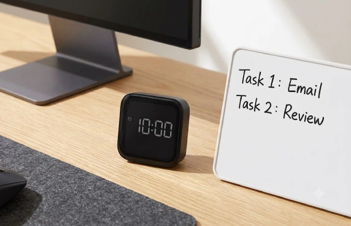 Pomodoro timer and small desktop whiteboard next to a computer monitor