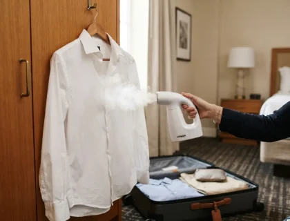 portable travel steamer refreshing a shirt on a hotel closet door