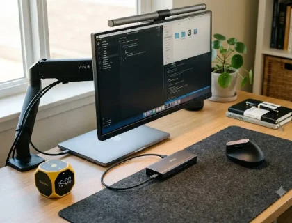 Tidy office desk with a monitor light bar, ergonomic mouse, pomodoro timer, and docking station arranged for productivity