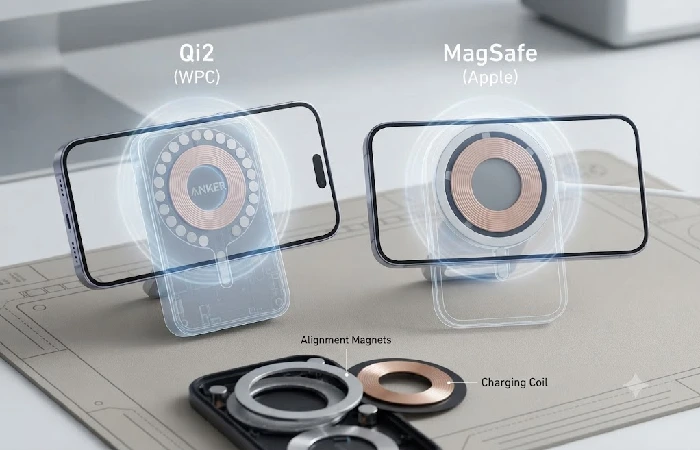 Qi2 and MagSafe wireless charging comparison showing magnet alignment rings
