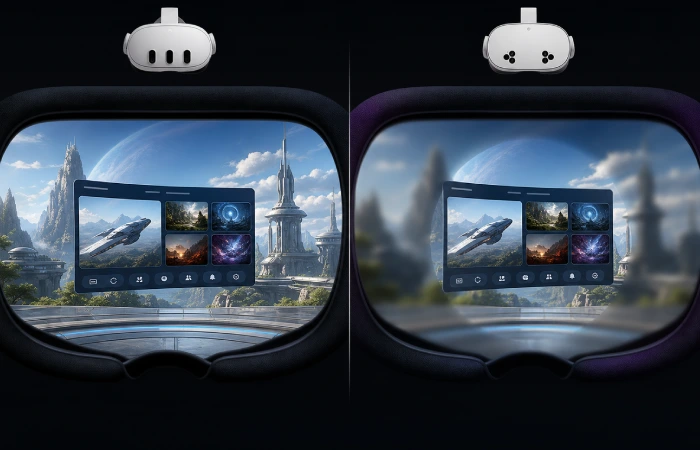 Visual comparison of broader clear VR viewing and a smaller sharp centre area