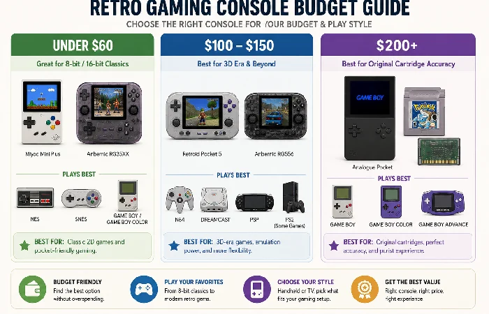 Retro gaming console budget tier infographic showing under $60, $100-150, and $200+ price brackets