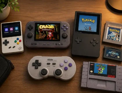 Best retro gaming consoles 2026 including Analogue Pocket, Miyoo Mini Plus, and Retroid Pocket 5 arranged on a desk