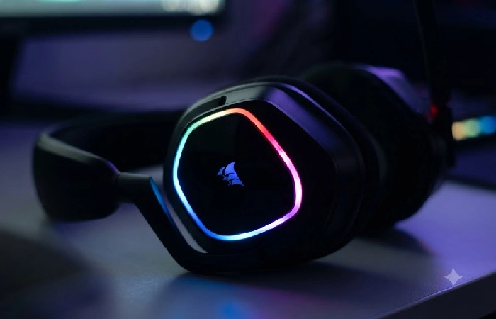 Corsair Void Wireless v2 earcup showing RGB lighting effects in a dark room