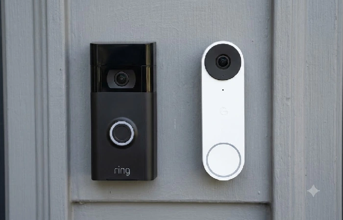 Ring doorbell camera next to a Google Nest doorbell