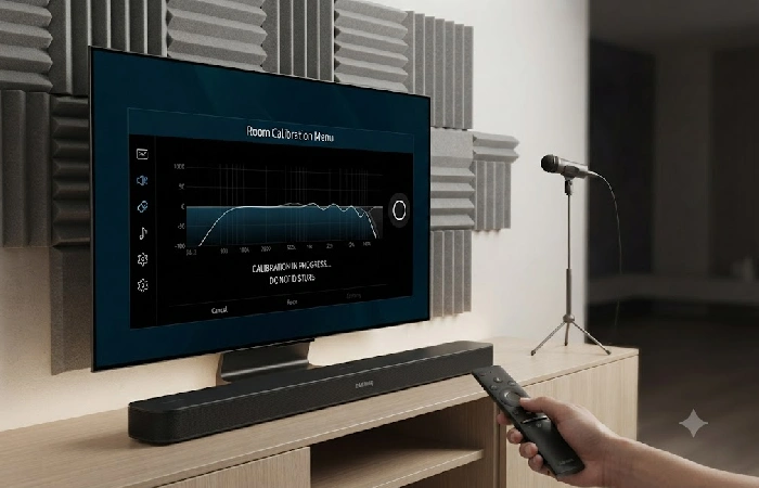 Acoustic foam panels and soundbar placement for room calibration