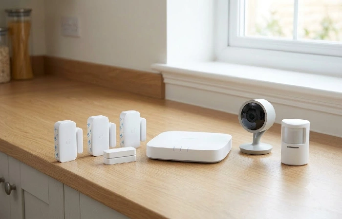 A basic kit: hub, sensors, motion detector, and one camera