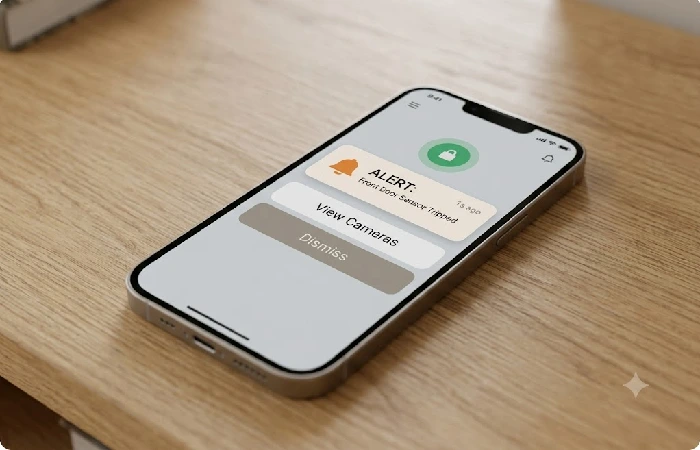 Phone showing a self-monitored home alarm app alert