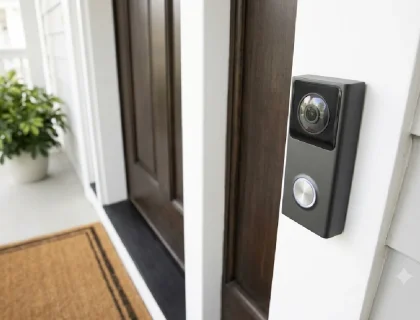 Smart doorbell camera mounted beside a front door