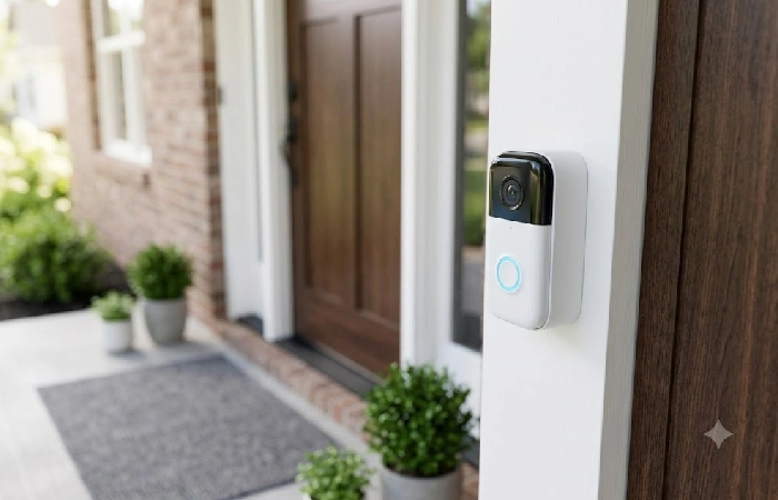 Smart doorbell camera mounted beside a front door